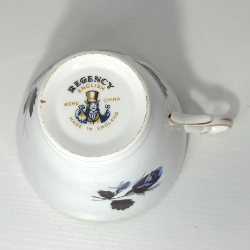 Regency English Bone China Teacup Blue Rose Gold Trim Made in England